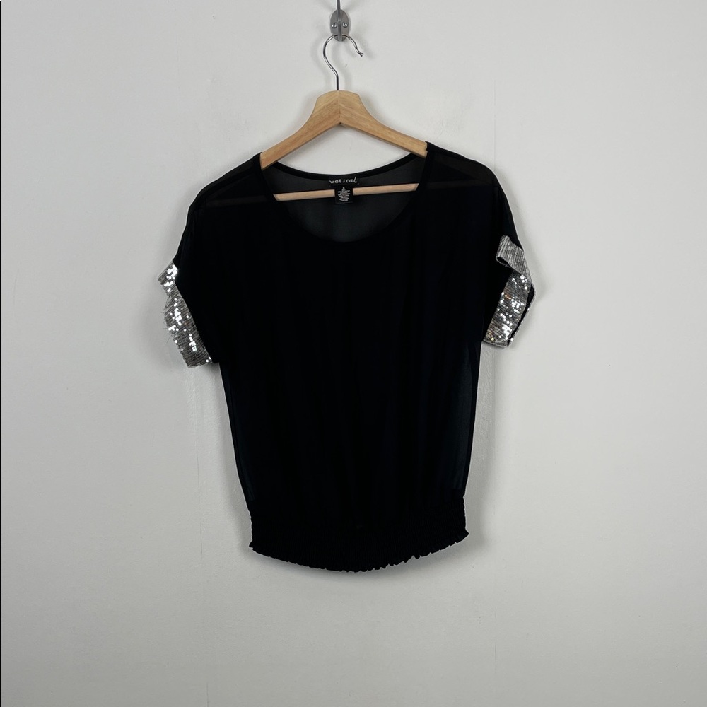 Wet Seal Sheer Black Top Short Sleeve Silver Sequin Elastic Waist Women S Retro